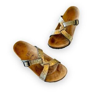 Birkis Metallic Embossed Double Strap Sandals Size 37 EU Cork‎ Sole Comfort Foot
